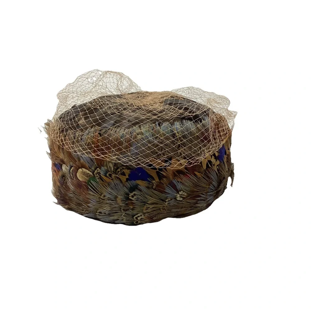 Vtg Henry Pollak NY Glenover 100% Wool Pillbox Hat Brown Net Veil All Feathers